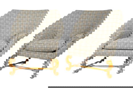 A Pair of Upholstered Armchairs: black, white and tan houndstooth wool or wool-blend fabric, stained wood; maker unknown43 x 38 x 35 in. (109.2 x 96.5 x 88.9 cm.), Seat height: 20 in. (50.8 cm.)Notes: This item does not qualify for i