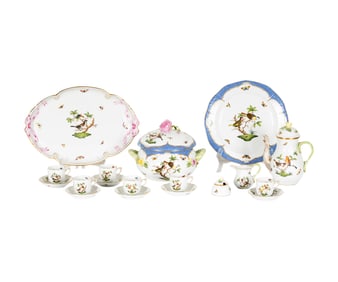 A Group of Herend Rothschild Bird Porcelain Tablewares