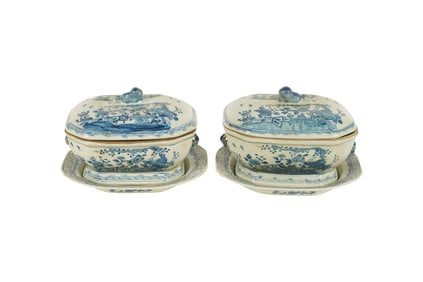 A Pair of Chinese Blue and White Porcelain Tureens with Underplates