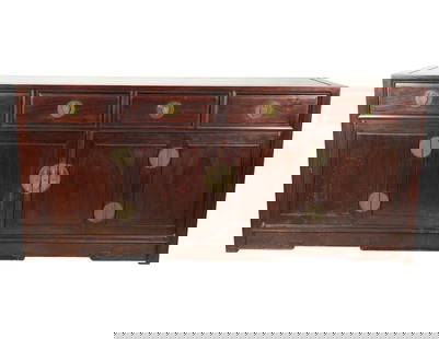 A Chinese Hardwood Cabinet: mid 20th century33 x 72 x 20 in. (83.8 x 182.9 x 50.8 cm.)Notes: This item does not qualify for in-house shipping. Please see our preferred shippers' list for quotes or arrange for local pickup. https