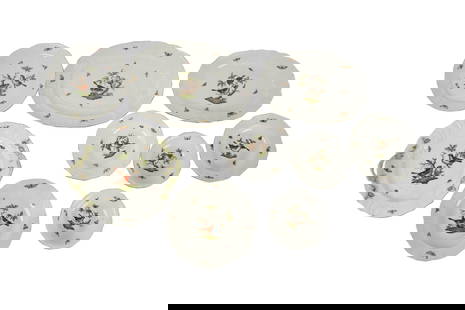 A Group of Herend Rothschild Bird Porcelain: comprising two oblong platters (13 1/4 in. wide and 15 in. wide), one soup plate (9 1/2 in. dia.), one dinner plate (10 in. dia.), one two-handled serving plate no. 1173 (11 3/4 in. dia.), two bowls n