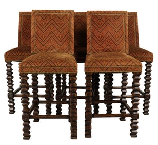 Five Upholstered Stained Wood Bar Stools