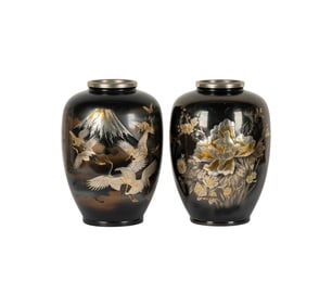 A Pair of Japanese Mixed Metals Vases