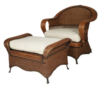 A Rattan and Wicker Armchair and Ottoman