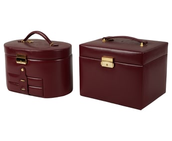 Two Burgundy Leather Jewelry Travel Cases