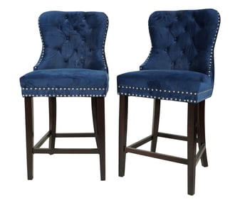 A Pair of Blue Fabric-Upholstered Stained Wood Barstools