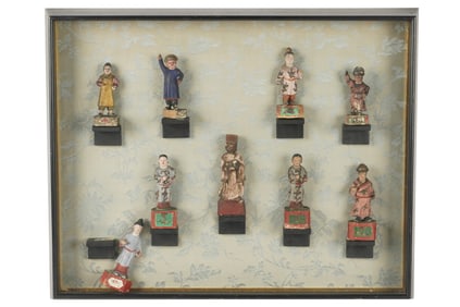Nine Chinese Carved and Painted Wood Figures