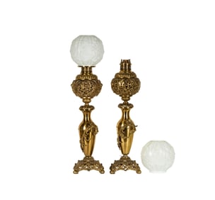 Two Brass Lamps with Milk Glass Shades