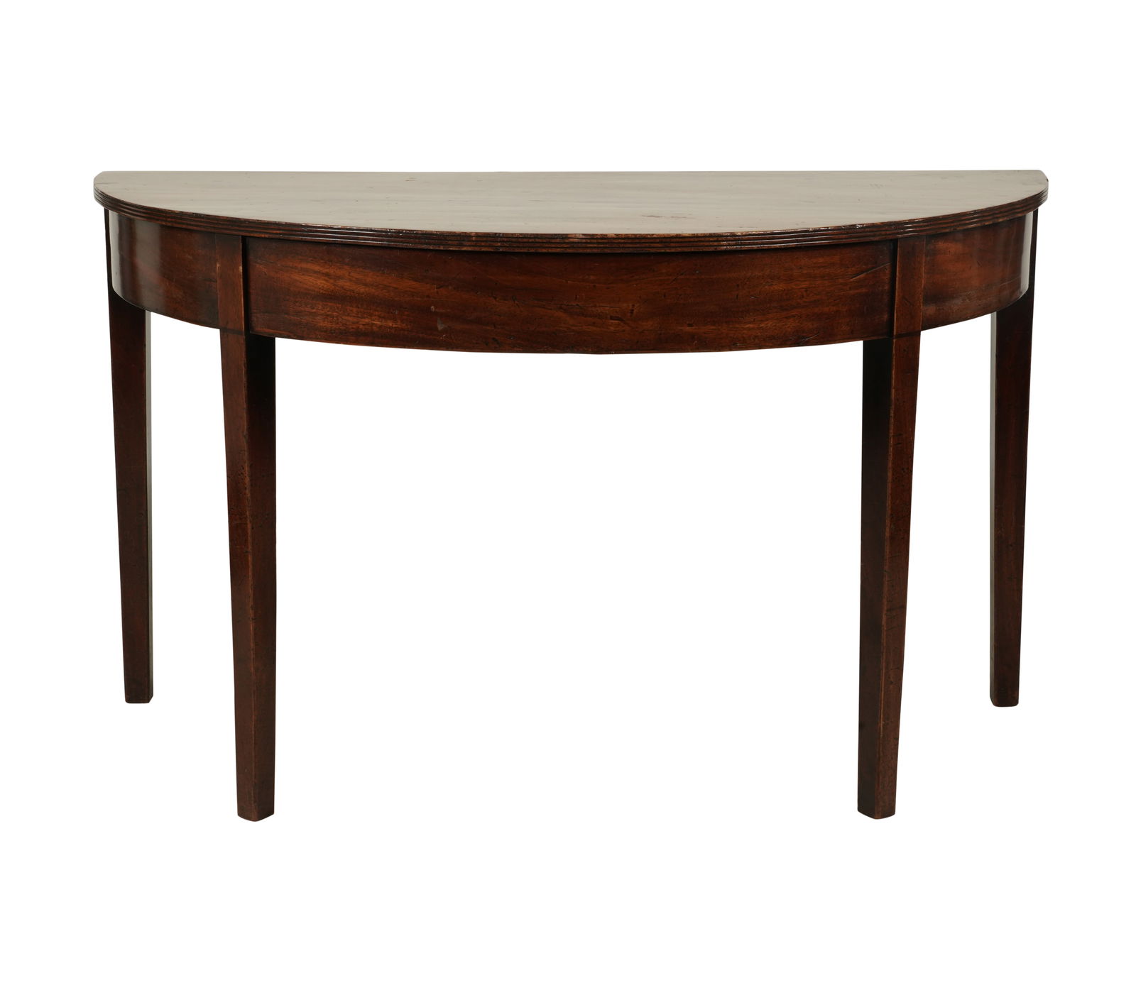 A Mahogany Demilune Console Table: 19th century27 1/2 x 47 x 23 1/4 in. (69.9 x 119.4 x 59.1 cm.)Notes: This item does not qualify for in-house shipping. Please see our preferred shippers' list for quotes or arrange for local pickup. h