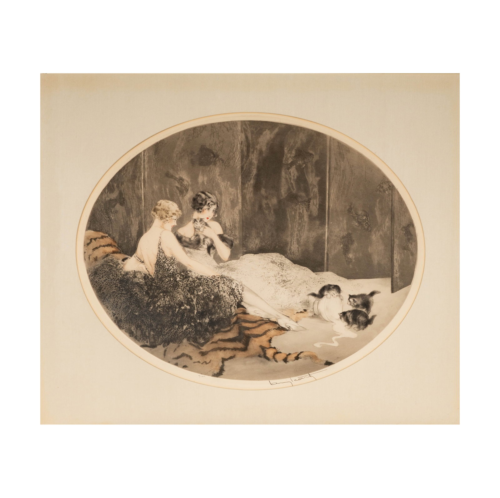 Louis Icart, French/American 1888-1950, Spilled Milk: LouisIcartFrench/American1888-1950Spilled Milketching and aquatint in colors on wove papersigned in pencil lower right, illegible inscription in pencil lower left, printed inscription "Copyright 1925 