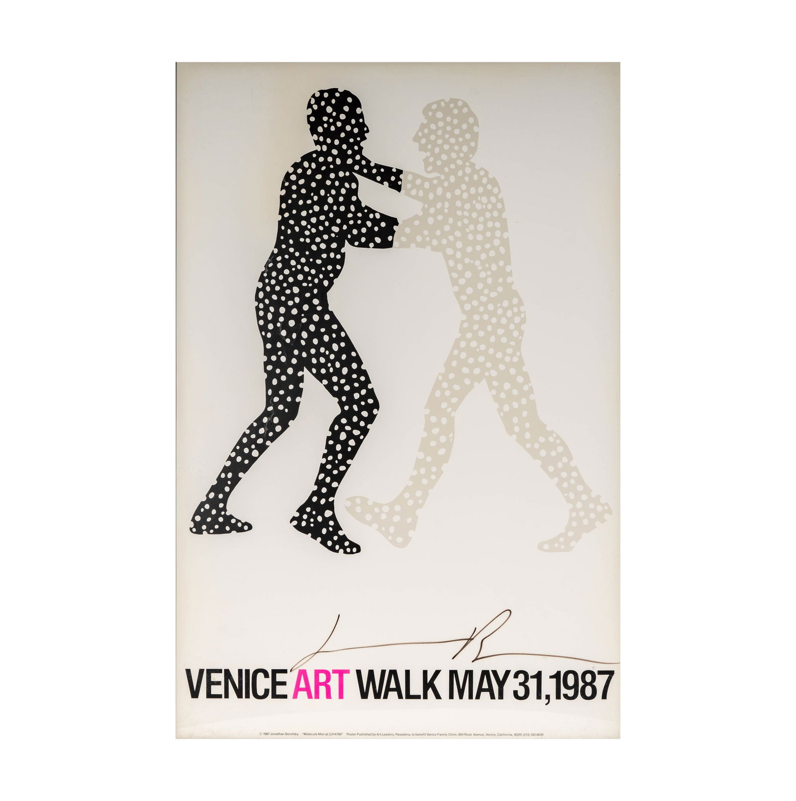 A Jonathan Borofsky Signed Poster: "Venice Art Walk May 31, 1987"; depicting "Molecule Men"; hand-signed in ink; published by Art Leaders, Pasadena, CA, 1987Frame: 36 1/4 x 24 1/4 in. (92.1 x 61.6 cm.)Notes: This item does not qualify