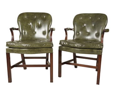 A Pair of Smith and Watson Georgian-Style Armchairs: covered with green leather or faux leather; each with label to underside38 x 26 x 19 1/2 in. (96.5 x 66 x 49.5 cm.), Seat height: 20 in. (50.8 cm.)Notes: This item does not qualify for in-house shippi