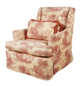 A Red Toile Fabric-Covered Armchair