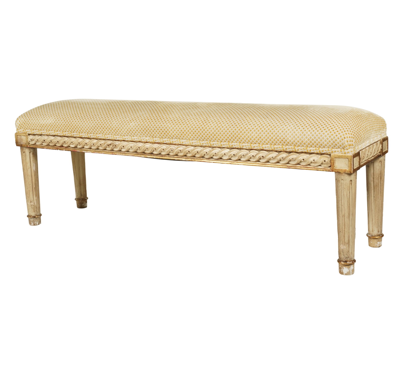 A Neoclassical-Style Painted and Gilt Bench: covered with yellow and white fabric20 x 58 1/2 x 15 1/2 in. (50.8 x 148.6 x 39.4 cm.)Notes: This item does not qualify for in-house shipping. Please see our preferred shippers' list for quotes or arr