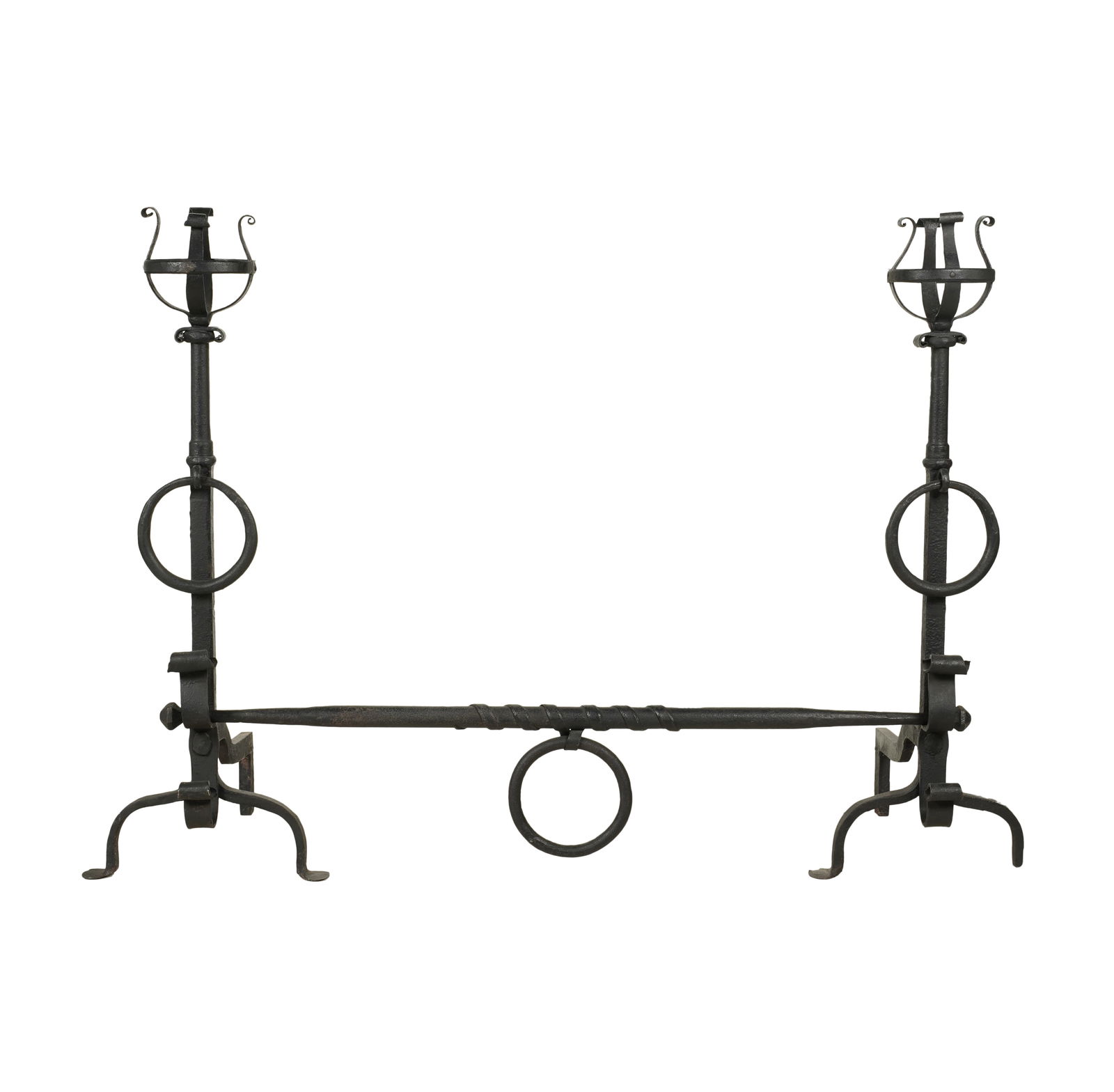 A Pair of Iron Andirons: with a cross bar38 1/2 in. highNotes: This item does not qualify for in-house shipping. Please see our preferred shippers' list for quotes or arrange for local pickup. https://www.abell.com/buy-sell/h