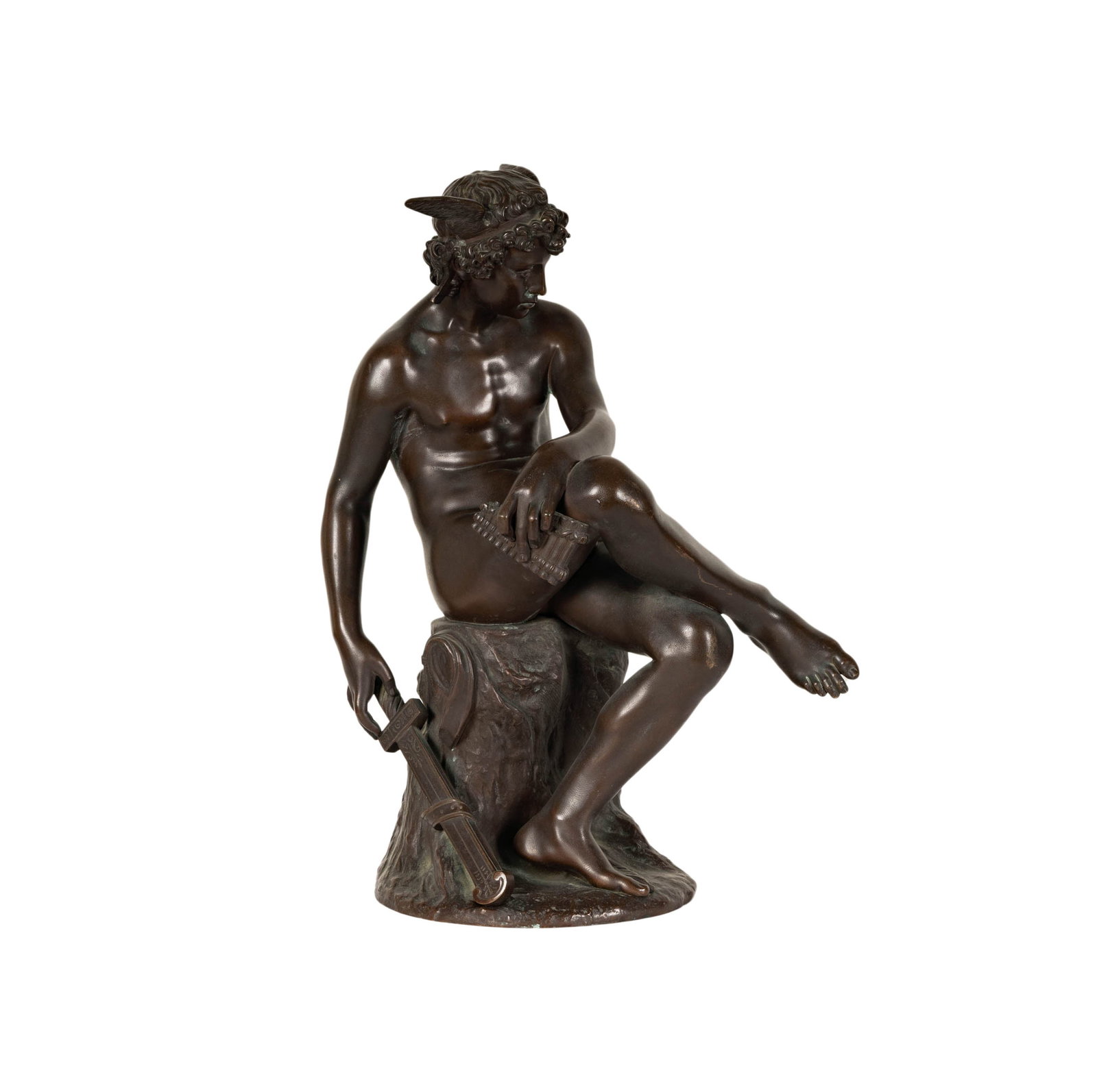 Pierre Marius Montagne, 1828-1879, Seated Mercury: Pierre MariusMontagne1828-1879Mercure en Repose (Mercury Resting)bronzesigned and dated "Marius Montagne / 1867" in casting17 x 7 x 11 in. (43.2 x 17.8 x 27.9 cm.)