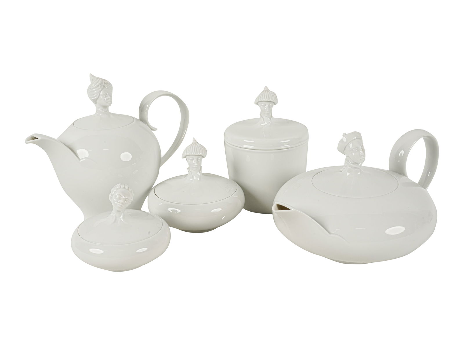 An Ena Rottenberg Augarten Porcelain Tea Service: "Orient", Austria, designed 1930s; comprising a coffee pot (7 in. high), a teapot, a covered jar (6 in. high), and two covered bowls (4 1/2 in. dia. and 4 1/4 in. dia.); each with blue mark "[shield]