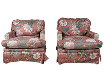 A Pair of Quilted Pink Floral Chintz Upholstered Armchairs
