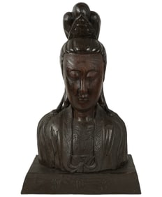 A Chinese Carved Wood Bust of a Guan Yin