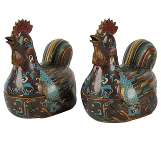 A Pair of Chinese Cloisonne Rooster-Form Boxes