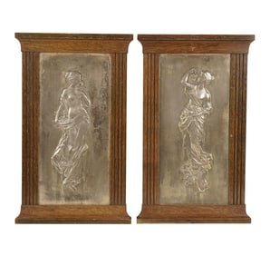 A Pair of Silverplate Relief Plaques in Oak Frames