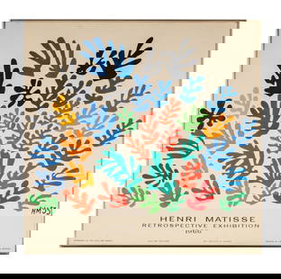 A Vintage Henri Matisse Museum Poster: "Henri Matisse Retrospective Exhibition 1966"; color lithograph; Printed/published by Mourlot, Paris; signed in the stoneFrame: 25 x 25 1/2 in. (63.5 x 64.8 cm.)