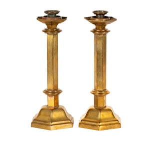 A Pair of Continental Hexagonal Brass Candlesticks
