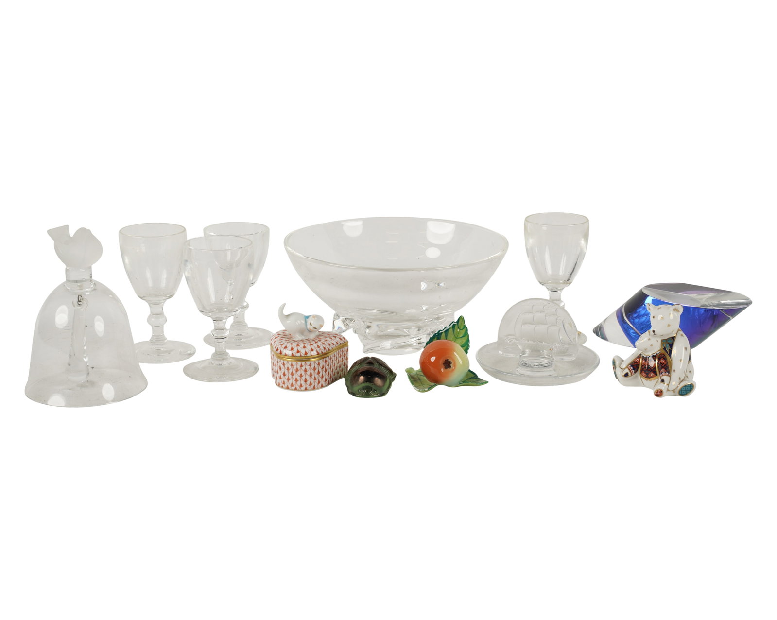 A Group of Glass and Porcelain: comprising 12 piecesBird bell: 5 x 3 3/4 in. (12.7 x 9.5 cm.)Notes: This item does not qualify for in-house shipping. Please see our preferred shippers' list for quotes or arrange for local pickup. ht