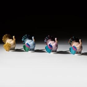 Four Herend Fishnet Porcelain Turkey Figures