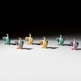 Six Herend Fishnet Porcelain Geese Figures