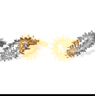 14-KARAT YELLOW GOLD AND DIAMOND "M" CUFFLINKS: featuring a pair of round spike disc cufflinks with center "M" cutout, comprised of 14-karat yellow gold with a prong-set round brilliant-cut diamond set into each side, two totaling approximately