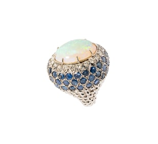 14-KARAT WHITE HITE GOLD OPAL, SAPPHIRE AND DIAMOND HALO DOME RING