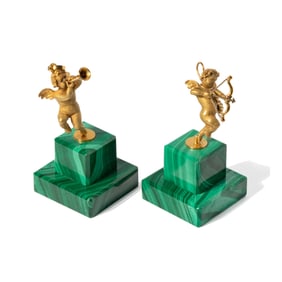 TWO 18-KARAT YELLOW GOLD CHERUB MALACHITE PENDANTS