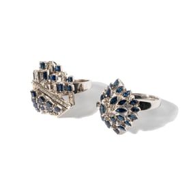 TWO 14-KARAT WHITE GOLD SAPPHIRE CLUSTER RINGS