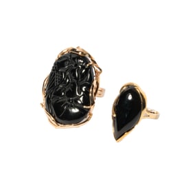 TWO 14-KARAT YELLOW GOLD BLACK ONYX RINGS