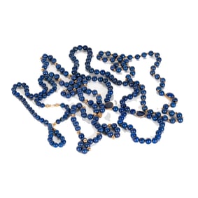 FOUR 14-KARAT YELLOW GOLD LARGE LAPIS LAZULI BEAD NECKLACES