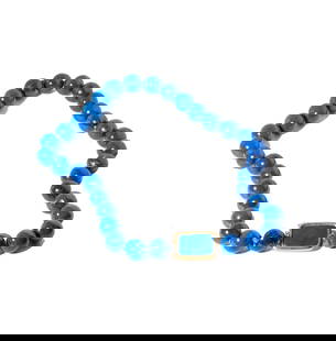 14-KARAT YELLOW GOLD LARGE LAPIS LAZULI BEAD NECKLACE: featuring 33 large polished lapis lazuli beads, measuring 19.5-20.0 mm, with a 14-karat yellow gold plaque clasp comprised of a lapis lazuli slab measuring 30 x 20 mm, 29" long, 416.7 grams;