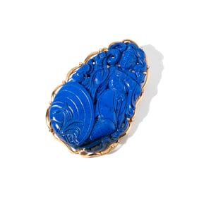 14-KARAT YELLOW GOLD LARGE CARVED LAPIS LAZULI PENDANT/BROOCH