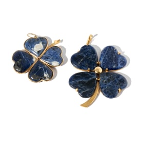 TWO 18-KARAT YELLOW GOLD SODALITE CLOVER PENDANTS