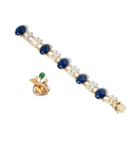 14-KARAT YELLOW GOLD PEARL AND LAPIS LAZULI BRACELET AND ONE 14-KARAT YELLOW GOLD DIAMOND AND JADE