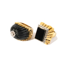TWO 18-KARAT AND 14-KARAT YELLOW GOLD BLACK ONYX AND DIAMOND RINGS