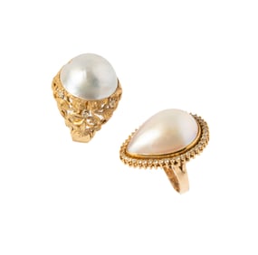 TWO 18-KARAT AND 14-KARAT YELLOW GOLD MABE PEARL DIAMOND RINGS
