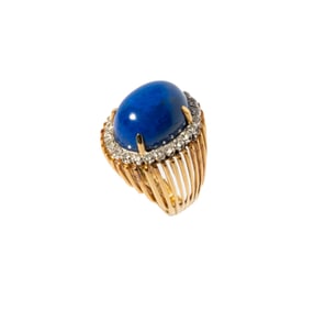 18-KARAT YELLOW GOLD LAPIS LAZULI AND DIAMOND HALO RING