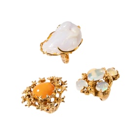 THREE 14-KARAT YELLOW GOLD GEMSET RINGS
