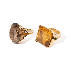 TWO 14-KARAT YELLOW GOLD CITRINE RINGS