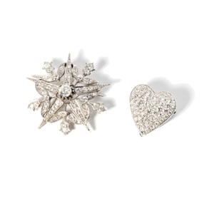TWO 14-KARAT WHITE GOLD DIAMOND BROOCHES