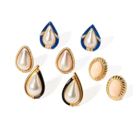 FOUR PAIRS OF 14-KARAT YELLOW GOLD MABE PEARL AND CORAL EARRINGS