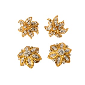TWO PAIR OF 18-KARAT YELLOW AND WHITE GOLD DIAMOND FLOWER CLUSTER EARRINGS