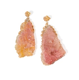 14-KARAT YELLOW GOLD LARGE CARVED PINK TOURMALINE AND DIAMOND EARRINGS