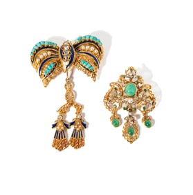TWO 18-KARAT YELLOW GOLD GEMSET VICTORIAN-STYLE BROOCHES/PENDANT